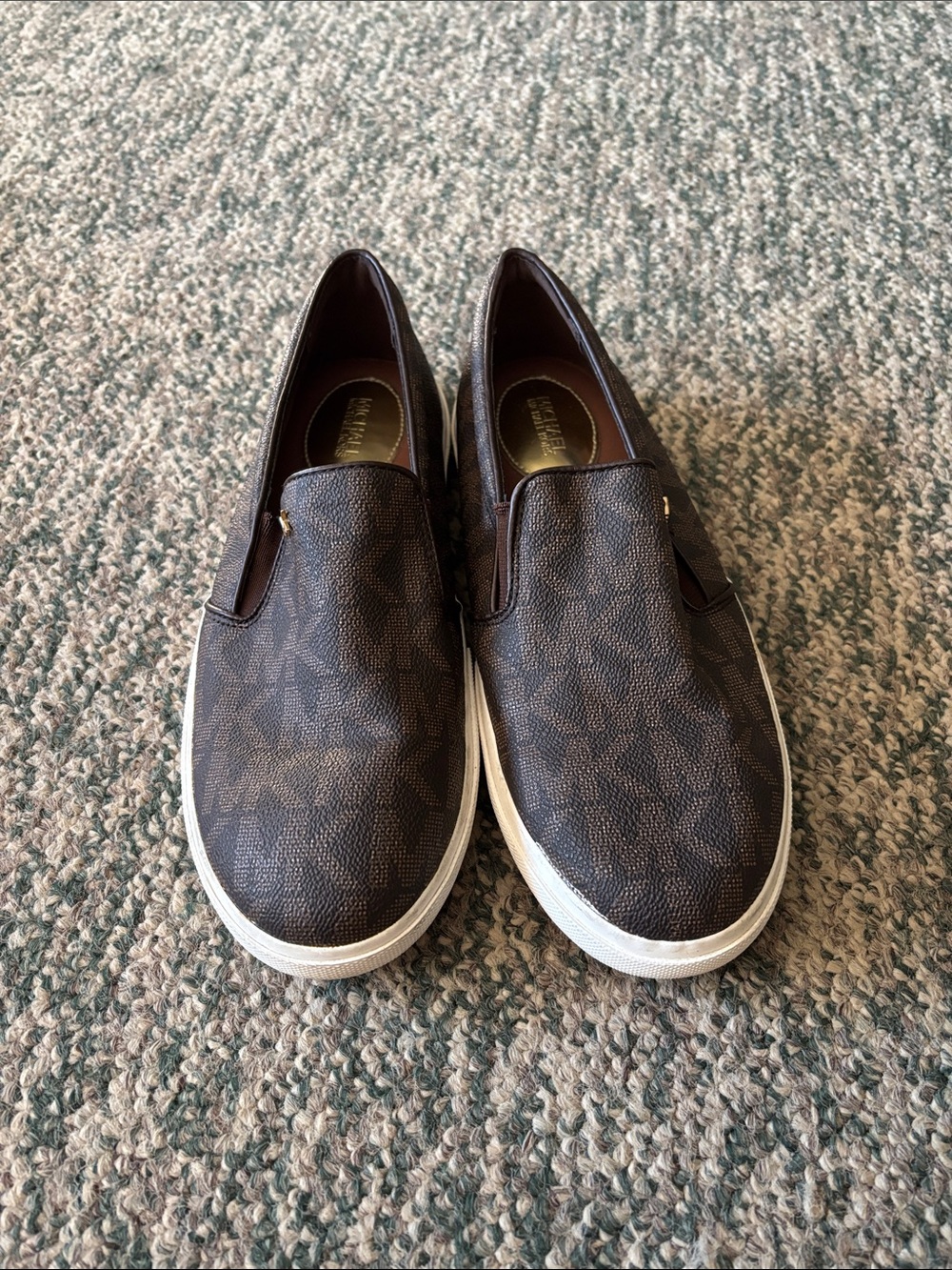 Michael Kors Brown Monogram Slip-On Loafers with White Soles